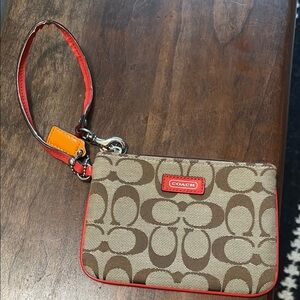 Coach Tan and Red Signature Wristlet